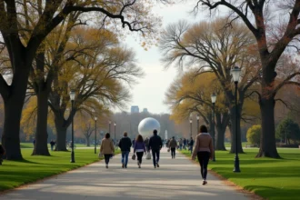 Allée piétonne de Corona Park à Queens avec des visiteurs se promenant et l'Unisphere en arrière-plan
