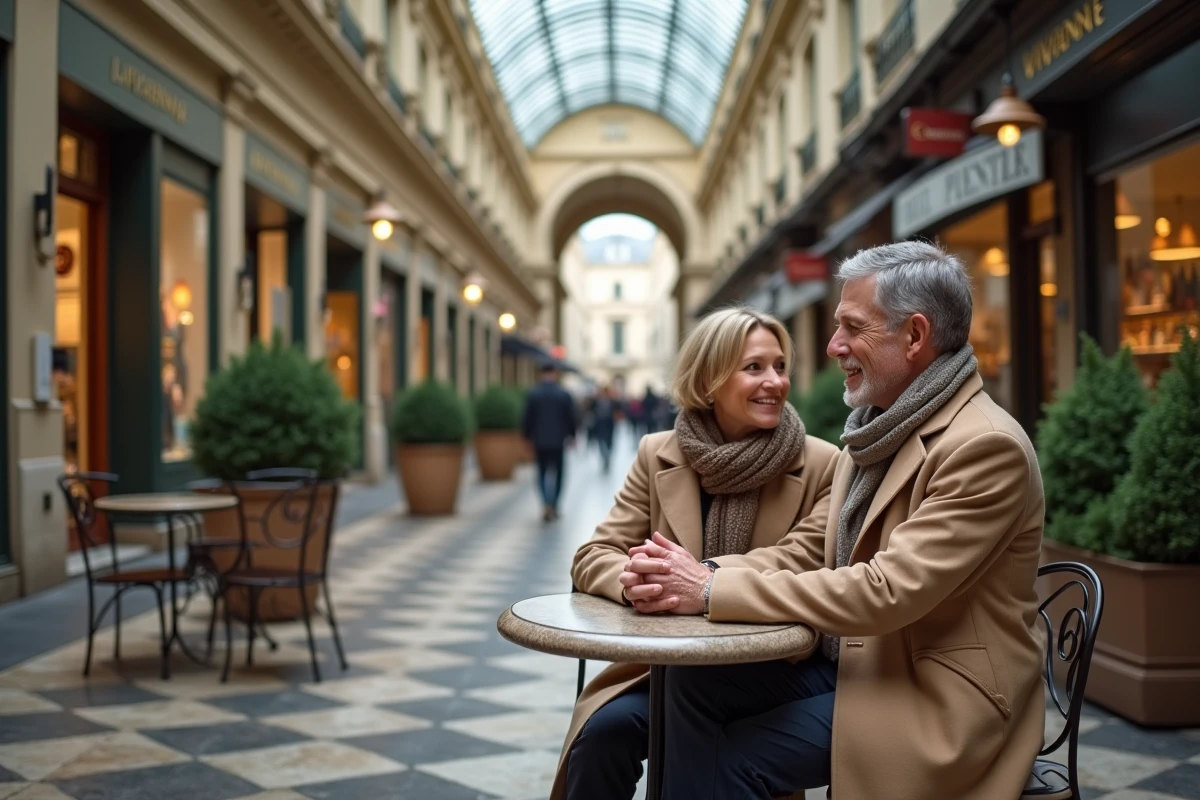 Couple assis au bistrot devant la galerie vivienne