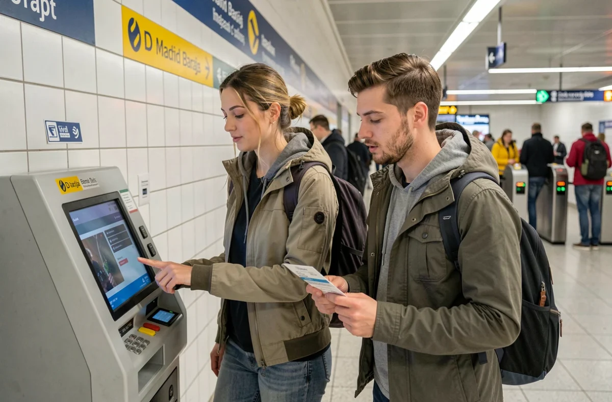 Couple achetant des billets de métro à une borne automatique dans une station de l'aéroport de Madrid Barajas