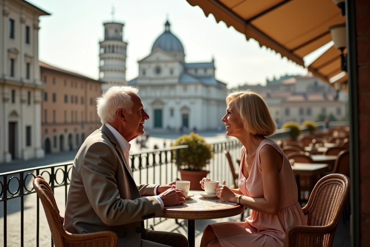 Couple âgé profitant d’un café face à la tour de Pise
