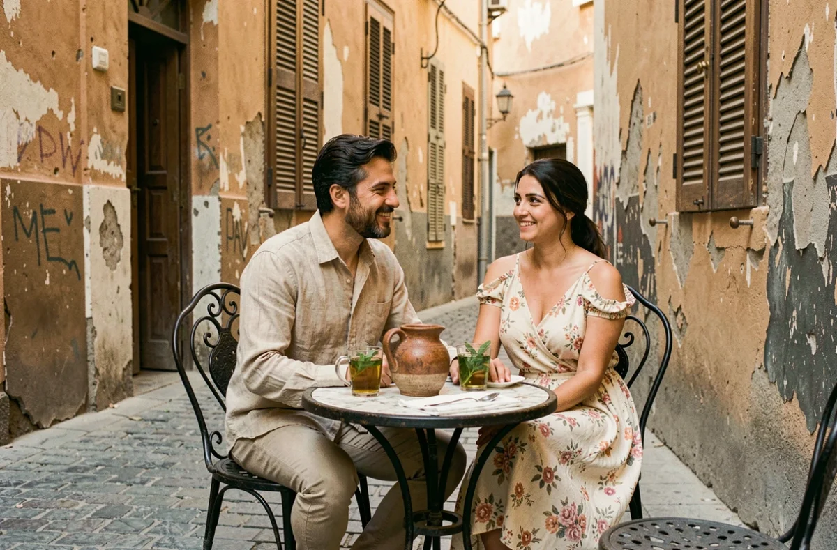 Couple de voyageurs se reposant dans un café traditionnel du Caire en été, conseils pour éviter la chaleur en Égypte en août