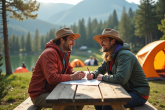 Couple souriant en camping dans une forêt européenne
