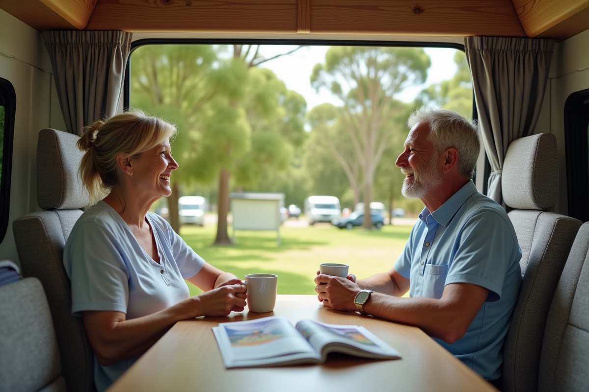 Couple souriant dans un van moderne en camping à Sydney