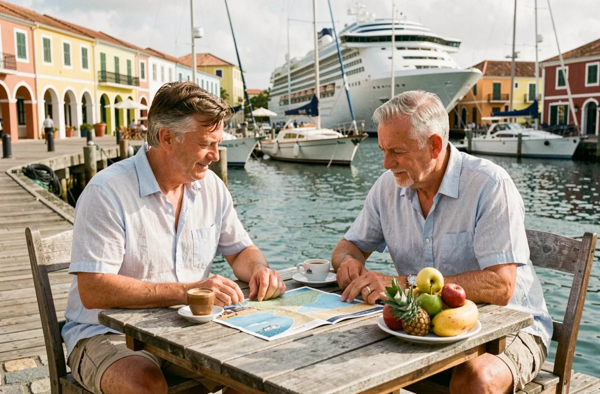 Couple consultant une carte de croisière en excursion sur le front de mer de Pointe-à-Pitre en Guadeloupe