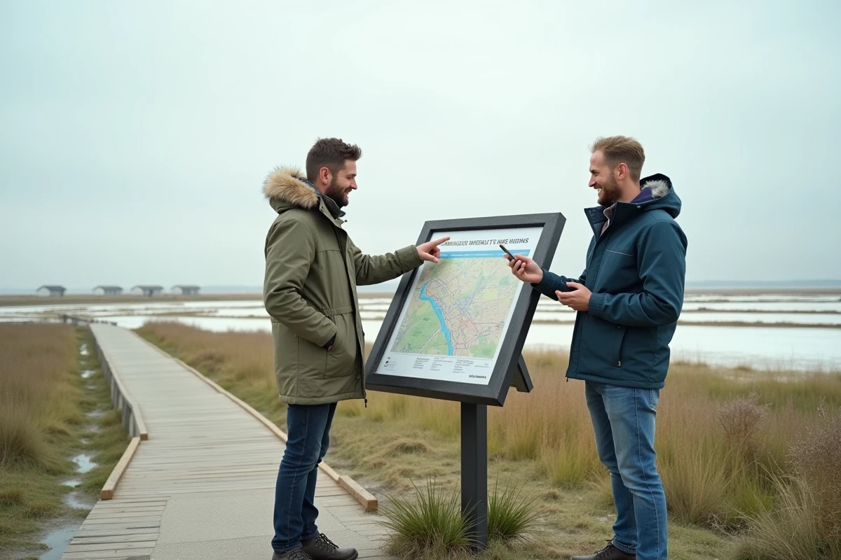 Couple consultant une carte touristique des marais salants de Guérande avec un smartphone affichant des informations locales