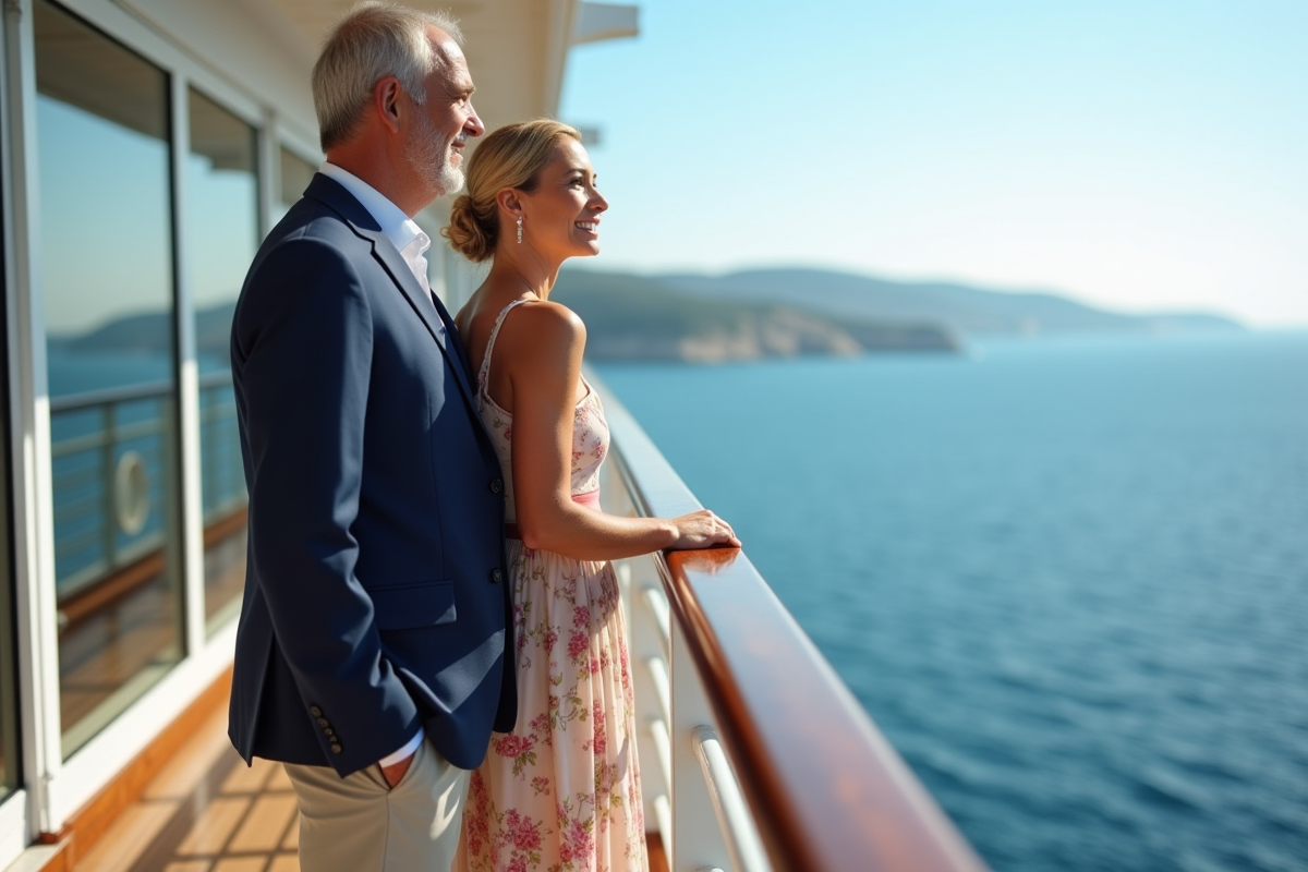 Couple élégant en croisière regardant la mer