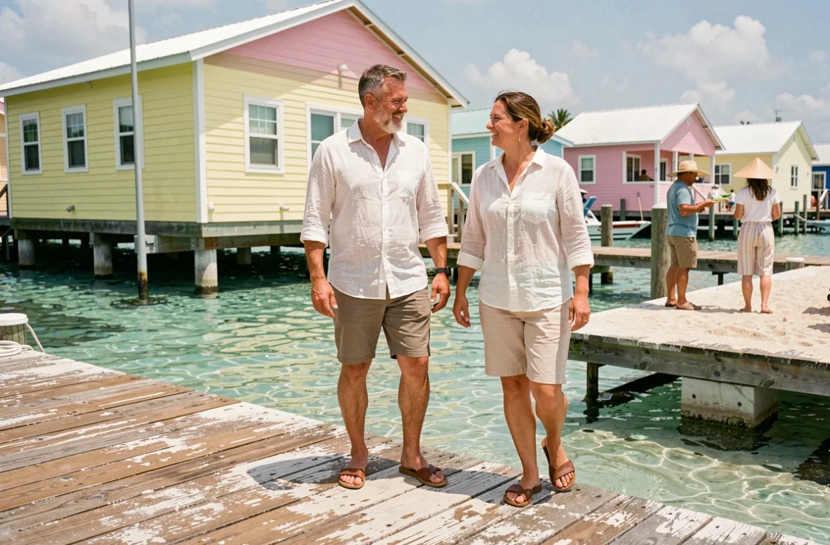 Couple débarquant d'une navette de croisière sur un quai des Bahamas avec village coloré en arrière-plan
