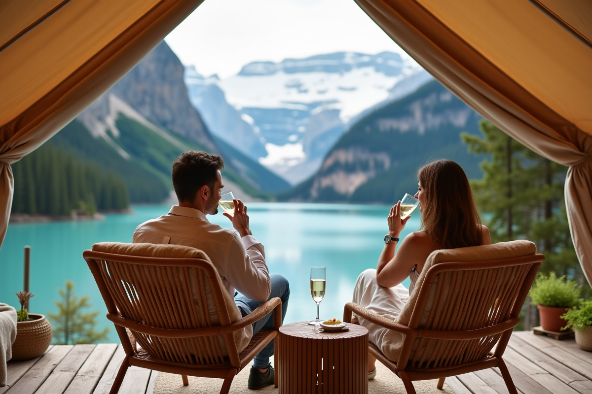 Couple élégant sur terrasse de glamping avec vue sur lac