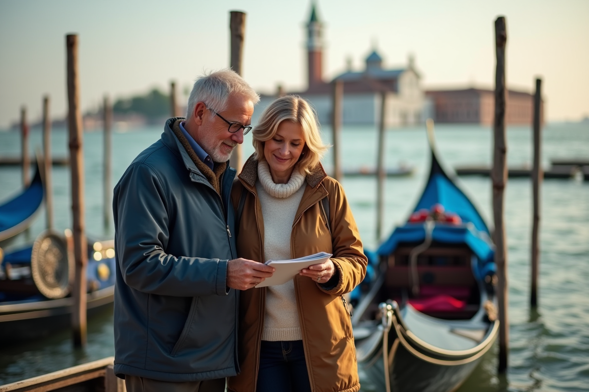 Couple en voyage à Venise devant une station de gondole