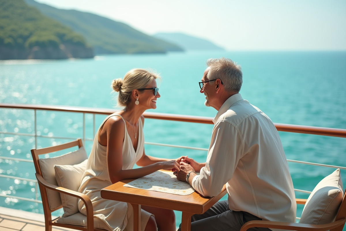 Couple âgé détendu sur un balcon de croisière