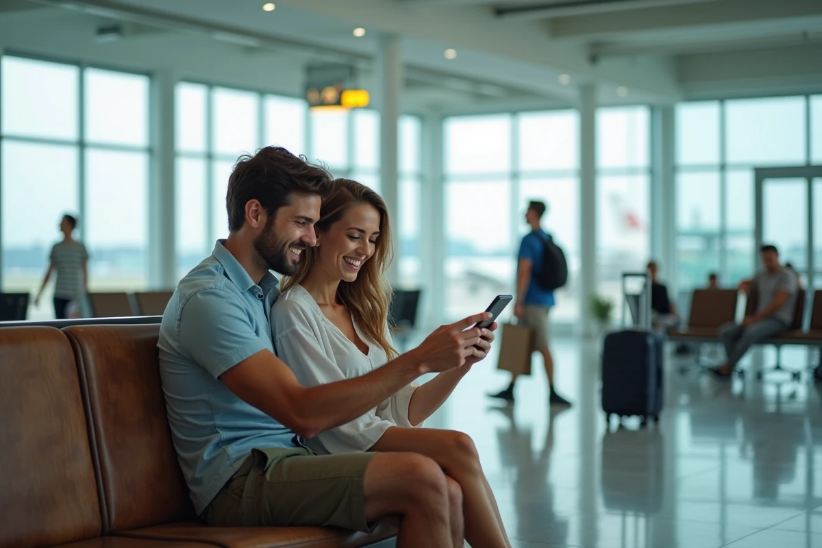 Couple planifiant leurs activités touristiques sur l'application Get Your Guide dans un salon d'aéroport moderne avant leur départ en voyage