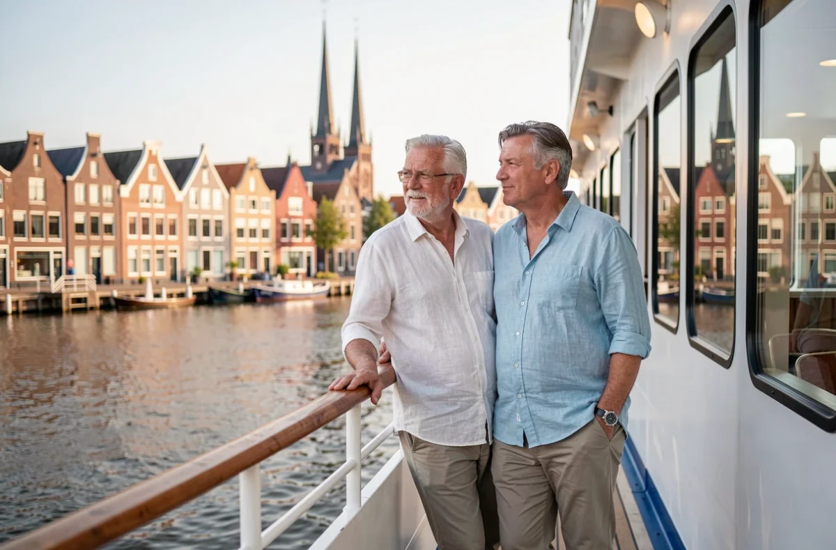 Couple de voyageurs sur le pont d'un bateau de croisière fluviale approchant d'une ville néerlandaise pittoresque