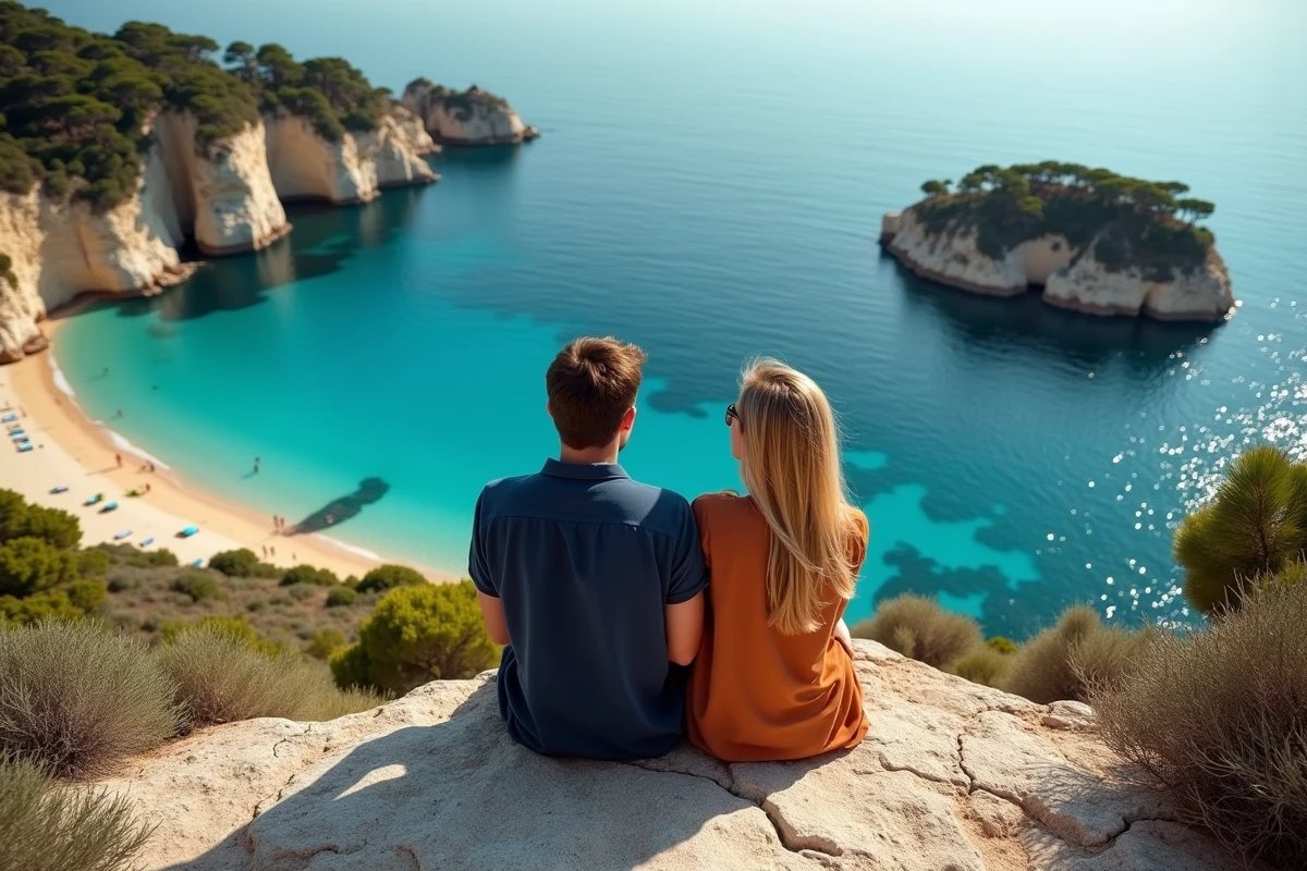 Couple assis sur un rocher en Corse contemplant une plage et une crique sauvage depuis un promontoire