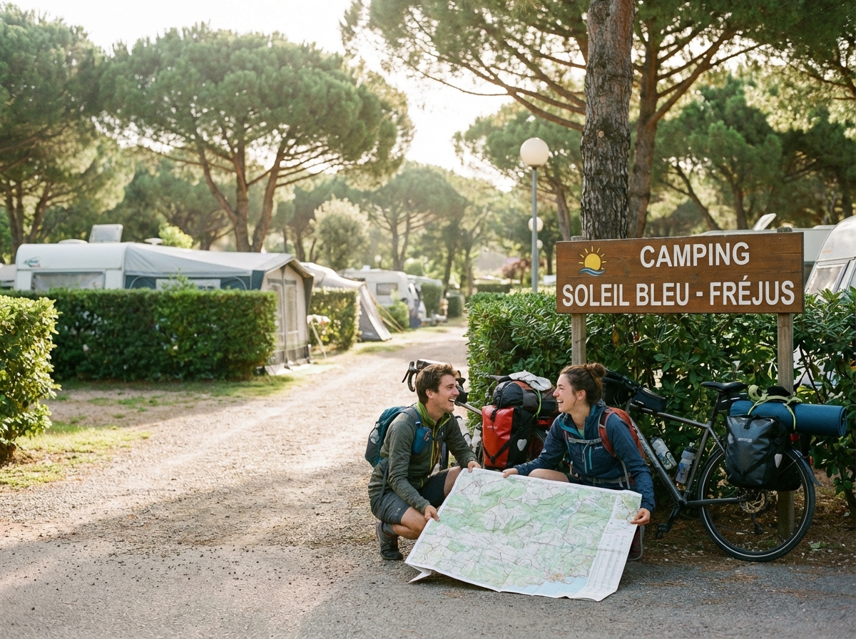 Jeune couple préparant une randonnée au camping de Fréjus