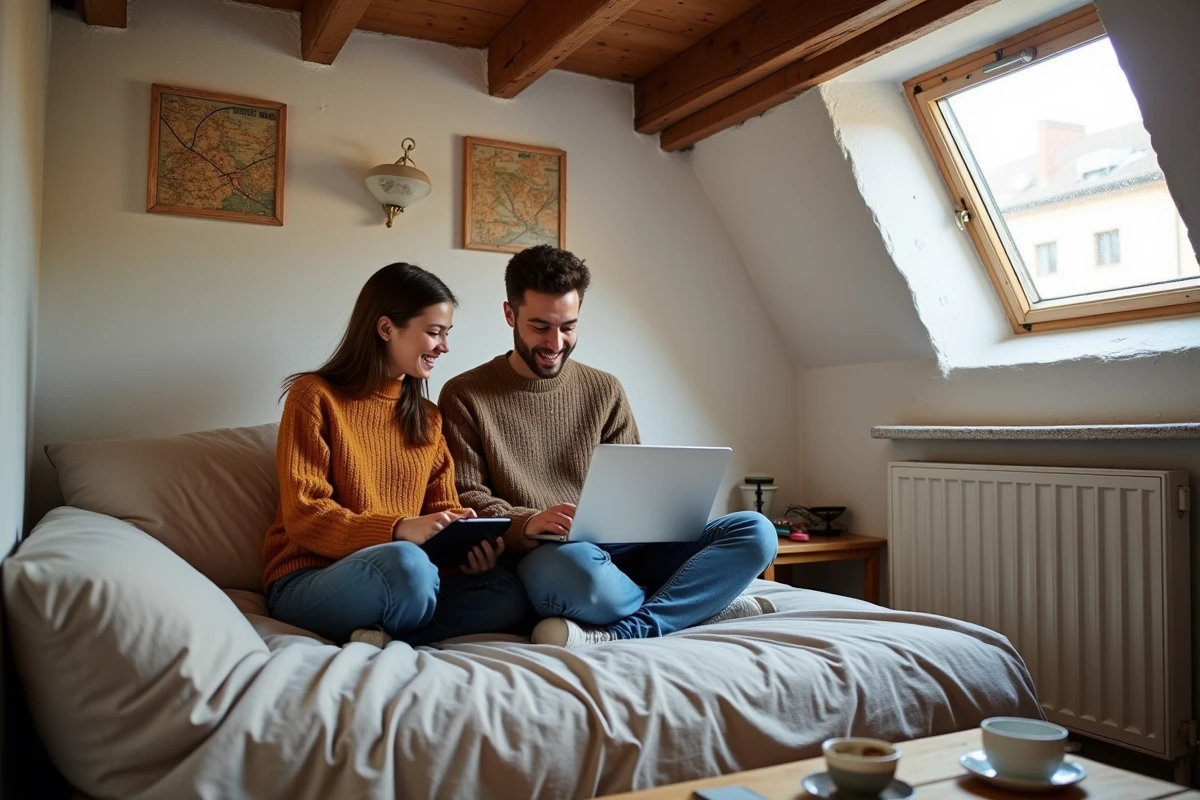 Couple comparant des offres de logements insolites de dernière minute à Paris sur ordinateur et tablette dans un atelier d'artiste