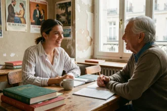 Étudiante étrangère en cours de français intensif avec un tuteur natif dans une école de langue en France