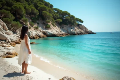 Femme debout au bord d'une crique sauvage en Corse avec eaux turquoise et rochers granitiques