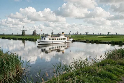 Bateau de croisière fluviale naviguant sur un canal néerlandais avec des moulins à vent en arrière-plan