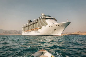 Paquebot de croisière naviguant en mer Rouge avec vue panoramique sur les eaux turquoise et les montagnes arides en arrière-plan
