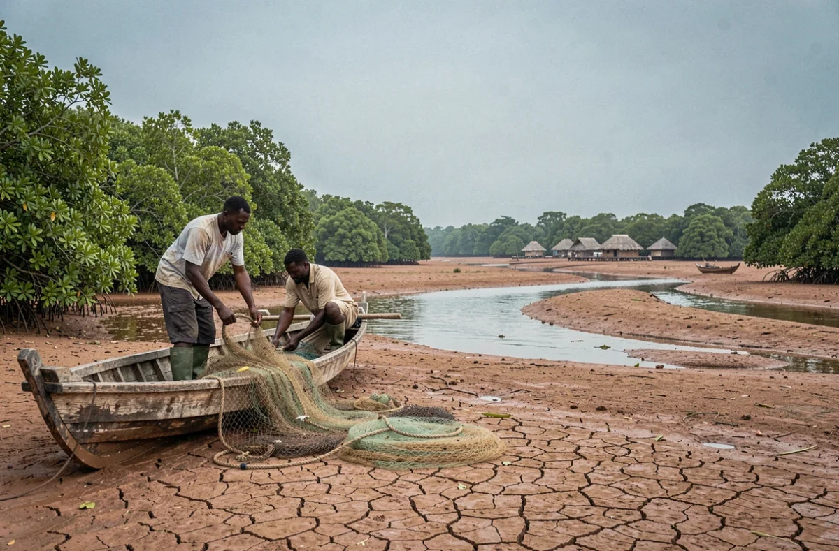Pêcheurs sénégalais dans une pirogue traditionnelle sur le delta du Sine-Saloum entouré de mangroves au Sénégal