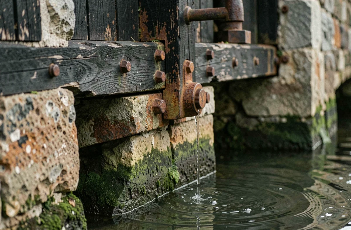 Détail d'une vieille porte d'écluse en bois et fer rouillé sur le Canal du Midi