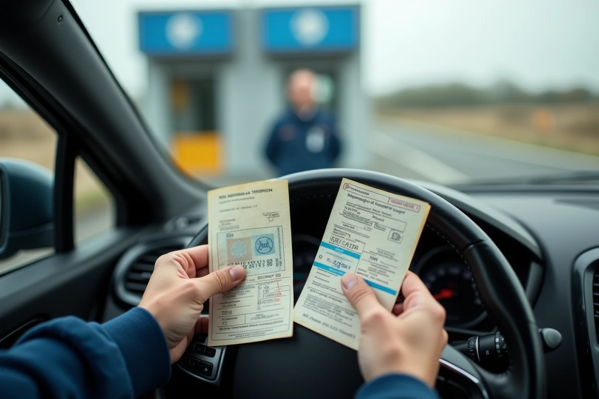 Documents d'embarquement et passeport présentés au contrôle avant de prendre le train sous la Manche en voiture