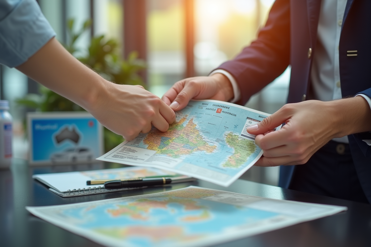 Echange de permis de conduire devant un bureau de location de voitures moderne
