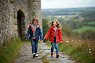 Deux enfants rient devant un château médiéval en Normandie