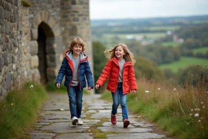Deux enfants rient devant un château médiéval en Normandie