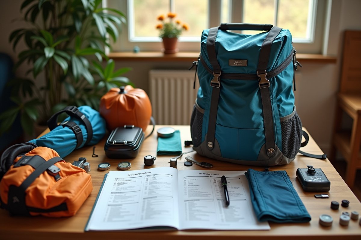 Matériel de randonnée organisé sur une table en bois avec sac léger