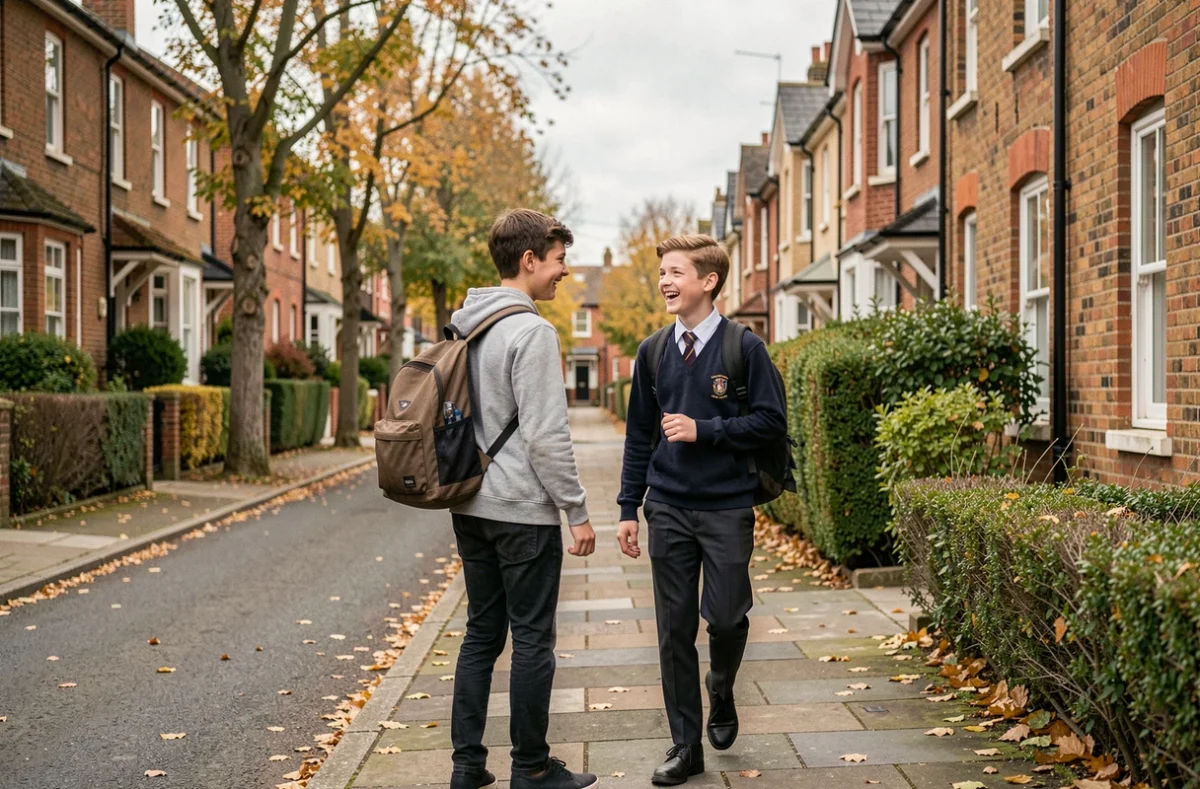 Jeune étudiant français marchant avec son correspondant anglais dans une rue résidentielle typique d'Angleterre