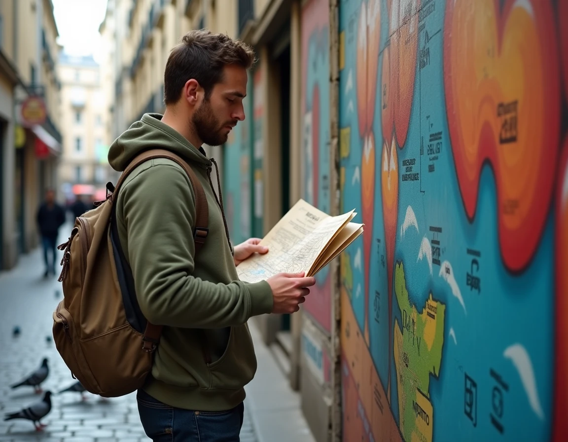 Homme explorant le quartier de Belleville à Paris avec une carte papier, découvrant le street art parisien à petit budget