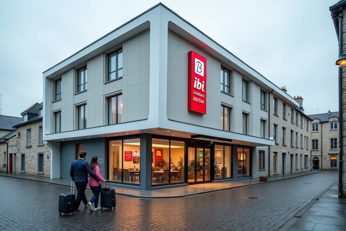 Façade de l'hôtel ibis Fécamp avec des voyageurs arrivant à l'entrée principale