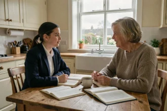 Adolescente française en immersion linguistique discutant avec sa famille d'accueil anglaise autour de la table de cuisine