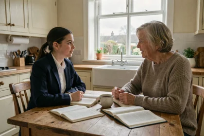 Adolescente française en immersion linguistique discutant avec sa famille d'accueil anglaise autour de la table de cuisine