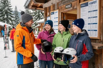 Famille avec enfants achetant un forfait de ski pas cher au guichet d'une station alpine