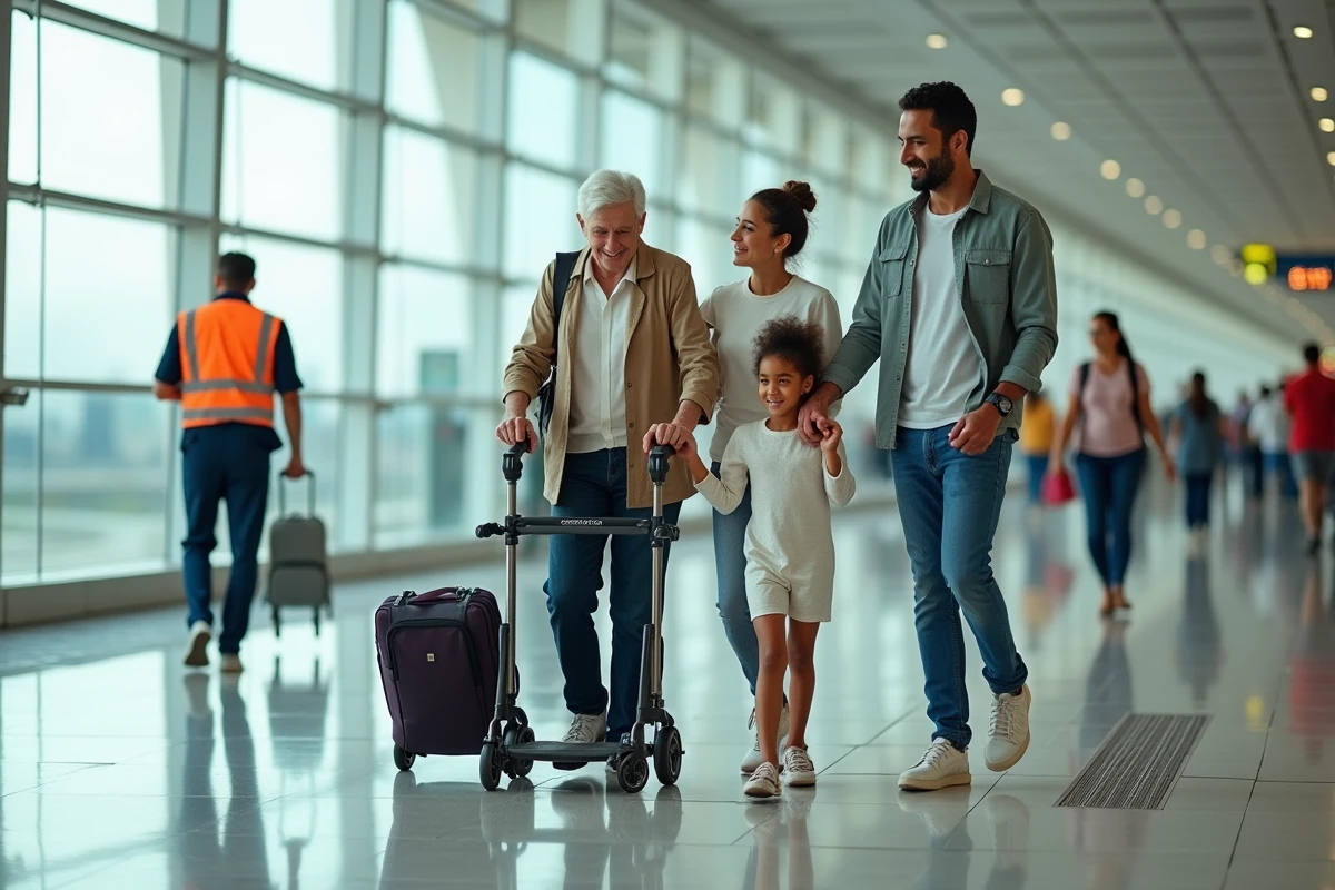 Famille voyageant dans le hall d arrivals de l aéroport