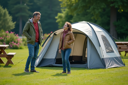 Famille rieuse installant une tente en camping