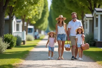 Famille souriante se promenant dans un camping en France