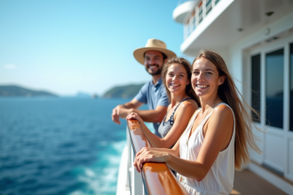 Famille souriante sur le pont d'un bateau de croisière