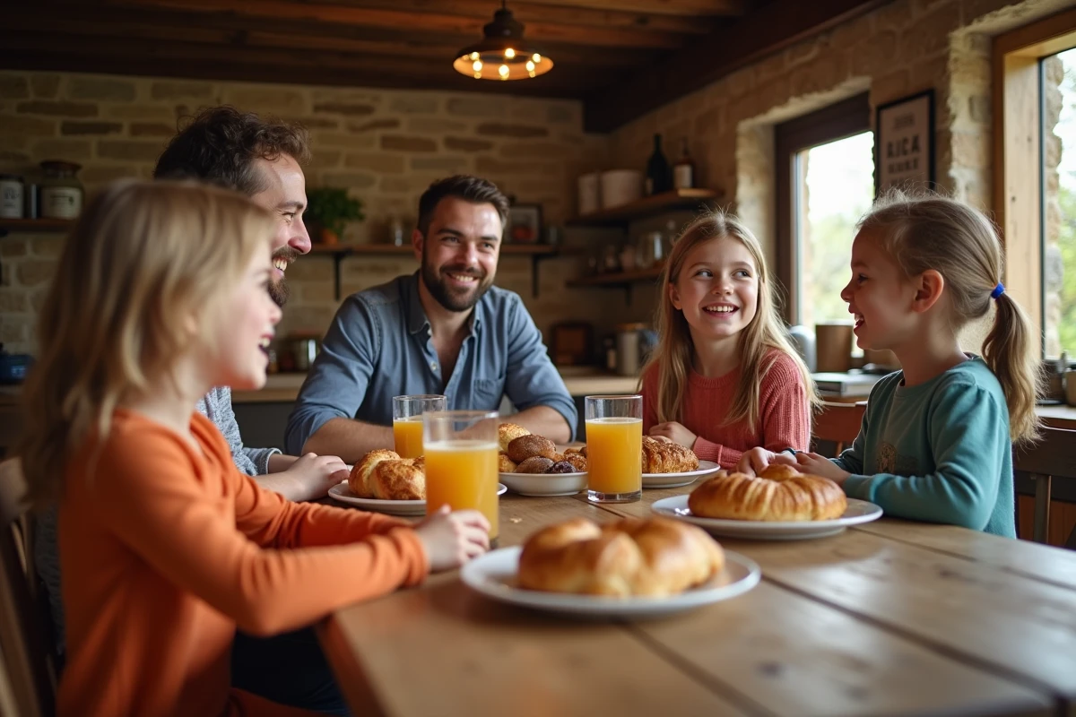 Famille dégustant du cidre artisanal dans une ferme normande