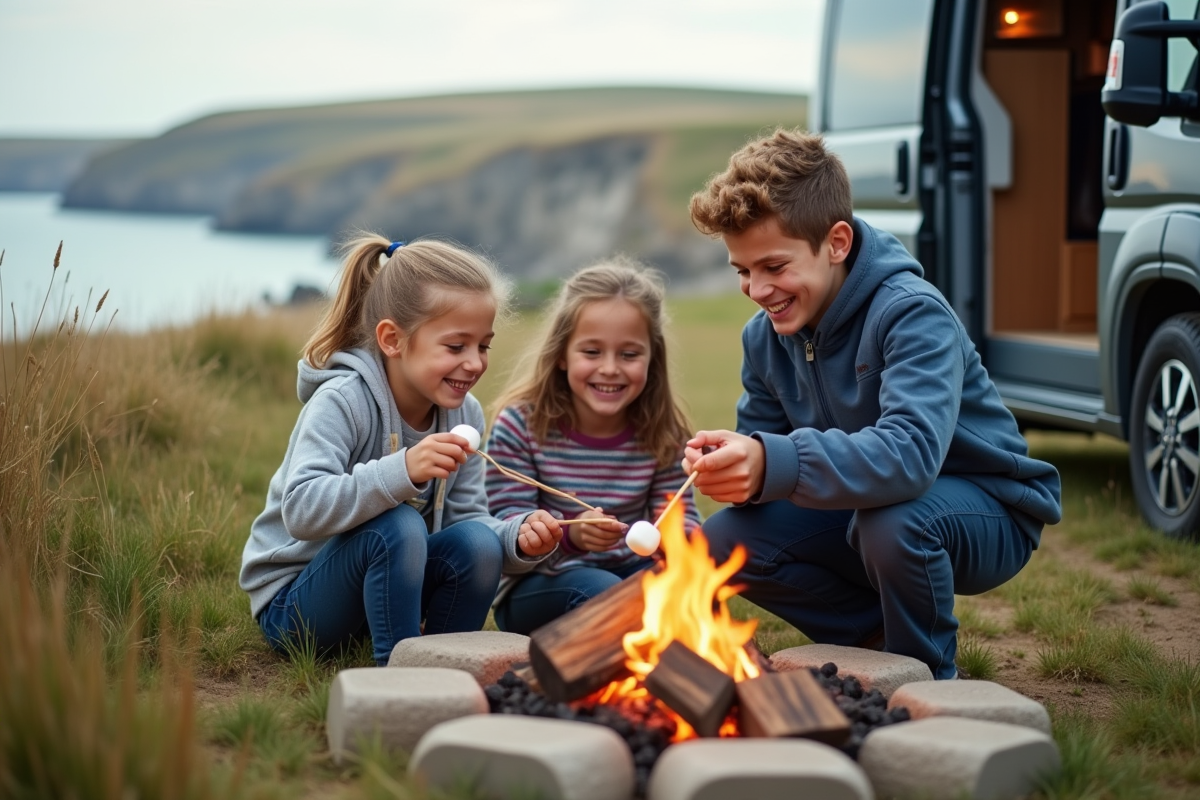Famille avec enfants faisant des marshmallows au bord de la mer