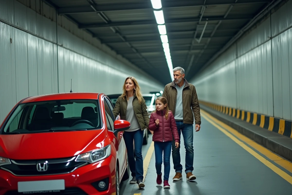 Famille sortant de leur voiture à l'intérieur d'un wagon Le Shuttle du train sous la Manche