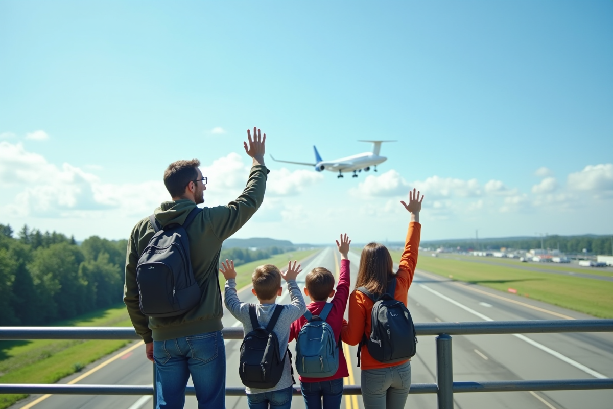 Famille saluant un avion en vol depuis une plateforme d