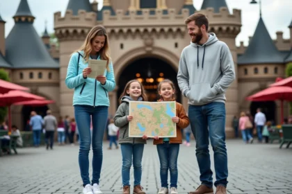 Famille avec enfants consultant un plan papier d'Eurodisney à l'entrée d'une attraction dans un parc d'attractions européen