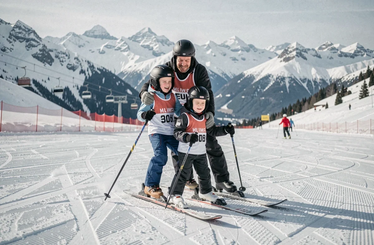 Père et enfants skiant ensemble sur une piste enneigée lors d'un séjour au ski en famille à petit budget