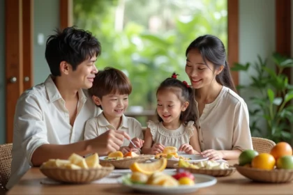Famille avec enfants dégustant petit déjeuner en villa balinaise