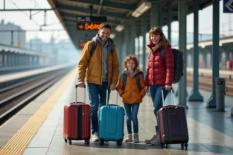 Famille de quatre souriante sur le quai de train en voyage