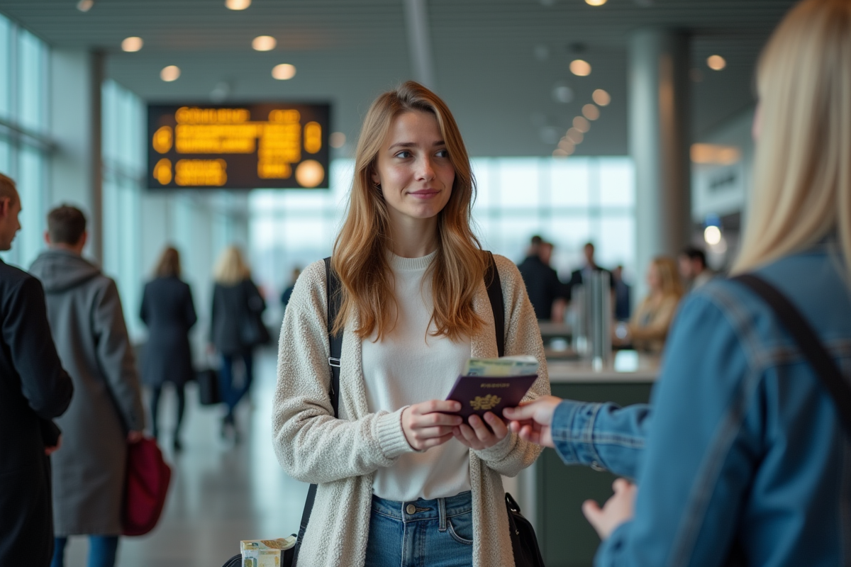 Jeune femme belge à l'aéroport en train de remettre son passeport