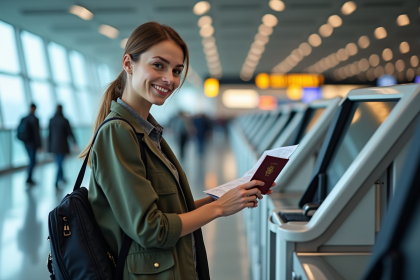 Femme souriante vérifiant son passeport à l'aéroport